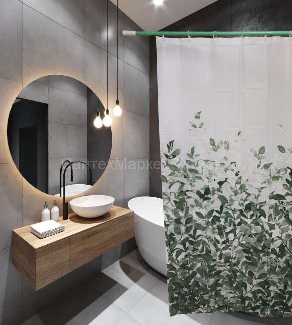 Штора для ванной комнаты 180х180 PEVA 60619 с кольцами Зеленые листья (П178) SANTREK HOME