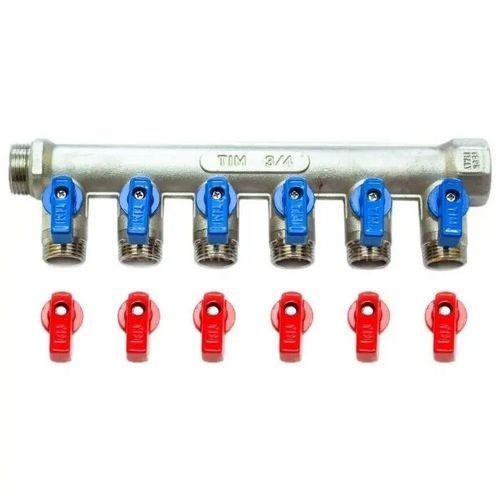 Коллектор с шаровыми кранами 3/4", 6 отвода 1/2" (красные и синиe ручки) TIM MV-3/4-N-6